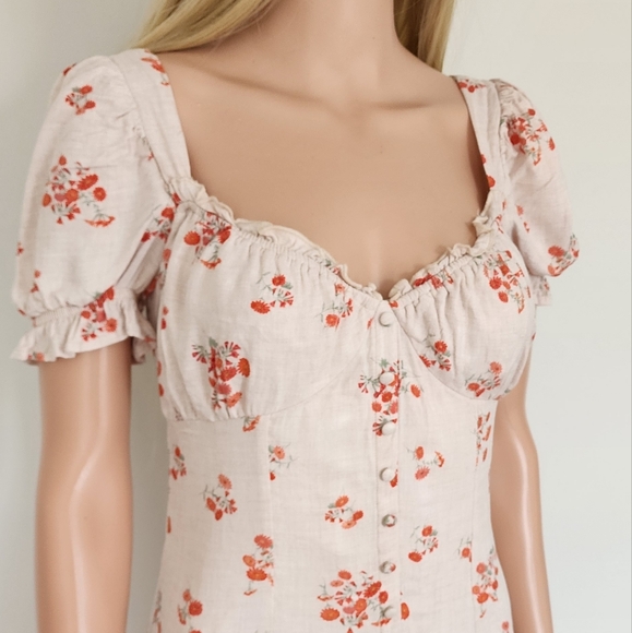 BARDOT FLORAL BEIGE SMOCKED COTTON CAP SLEEVES MINI SHORT SEXY DRESS 6 SMALL - Picture 7 of 14